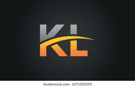 Anfangsbuchstabe KL Logo Design mit Swoosh. Kreatives und modernes KL-Logo-Design auf schwarzem Hintergrund.