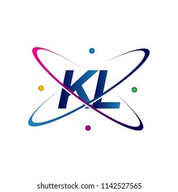 initial letter KL logotype science icon colored blue, red, green and yellow swoosh design. vector logo for business and company identity.
