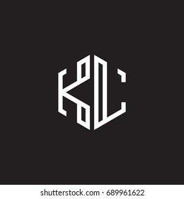 Initial letter KL, minimalist line art monogram hexagon shape logo, white color on black background