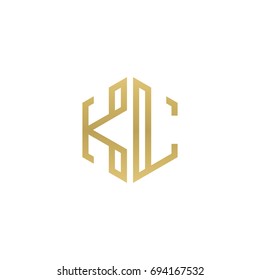 Initial letter KL, minimalist line art hexagon shape logo, gold color