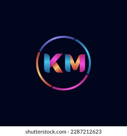Letra inicial curvo de KM logotipo redondeado, colores brillantes gradientes vivos y brillantes