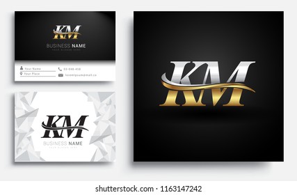 initial letter KM logotype company name colored gold and silver swoosh design. Vector sets for business identity on white background.