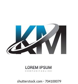 initial letter KM logotype company name colored blue and grey swoosh design. logo design for business and company identity.