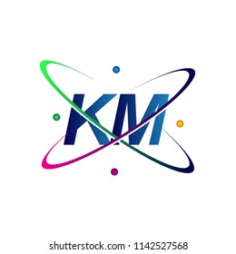 initial letter KM logotype science icon colored blue, red, green and yellow swoosh design. vector logo for business and company identity.
