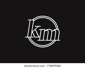 Initial letter km lowercase outline inside the circle logo template white on black background