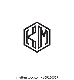 Initial letter KM, minimalist line art monogram hexagon logo, black color