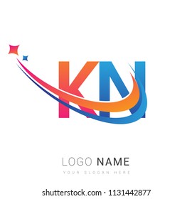 initial letter KN logotype company name colored orange, red and blue swoosh star design. vector logo for business and company identity.