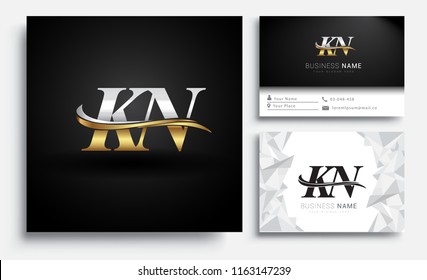 initial letter KN logotype company name colored gold and silver swoosh design. Vector sets for business identity on white background.