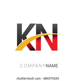 initial letter KN logotype company name colored red, black and yellow swoosh design. isolated on white background.
