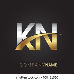 initial letter KN logotype company name colored gold and silver swoosh design. isolated on black background.
