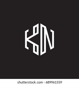 Initial letter KN, minimalist line art monogram hexagon shape logo, white color on black background