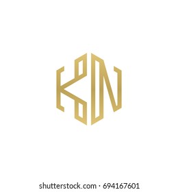 Initial letter KN, minimalist line art hexagon shape logo, gold color