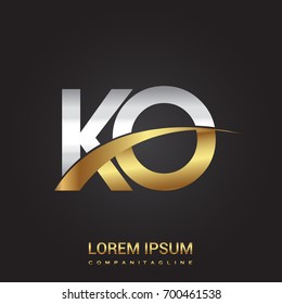 initial letter KO logotype company name colored gold and silver swoosh design. isolated on black background.
