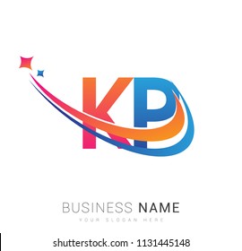 initial letter KP logotype company name colored orange, red and blue swoosh star design. vector logo for business and company identity.