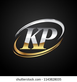 initial letter KP logotype company name colored gold and silver swoosh design. isolated on black background.