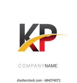 initial letter KP logotype company name colored red, black and yellow swoosh design. isolated on white background.
