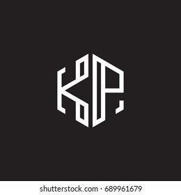 Initial letter KP, minimalist line art monogram hexagon shape logo, white color on black background