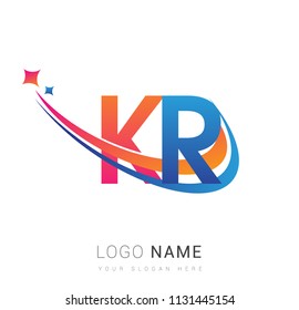 initial letter KR logotype company name colored orange, red and blue swoosh star design. vector logo for business and company identity.