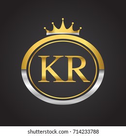 initial letter KR logotype company name with oval shape and crown, gold and silver color. vector logo for business and company identity.