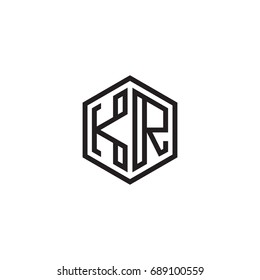 Initial letter KR, minimalist line art monogram hexagon logo, black color