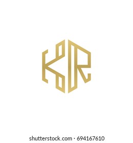 Initial letter KR, minimalist line art hexagon shape logo, gold color