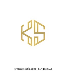 Initial letter KS, minimalist line art hexagon shape logo, gold color