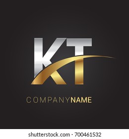 initial letter KT logotype company name colored gold and silver swoosh design. isolated on black background.