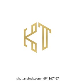 Initial letter KT, minimalist line art hexagon shape logo, gold color