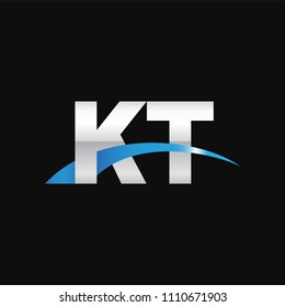 Initial letter KT, overlapping movement swoosh logo, metal silver blue color on black background