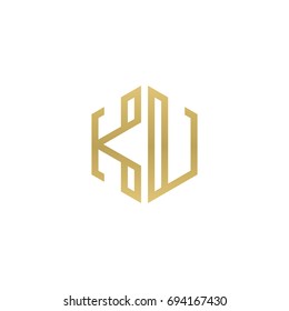 Initial letter KU, minimalist line art hexagon shape logo, gold color