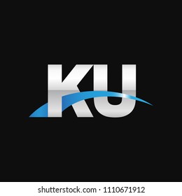 Initial letter KU, overlapping movement swoosh logo, metal silver blue color on black background