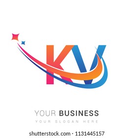 initial letter KV logotype company name colored orange, red and blue swoosh star design. vector logo for business and company identity.