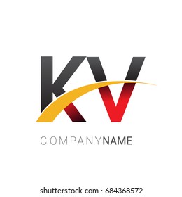 initial letter KV logotype company name colored red, black and yellow swoosh design. isolated on white background.
