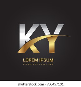 initial letter KY logotype company name colored gold and silver swoosh design. isolated on black background.