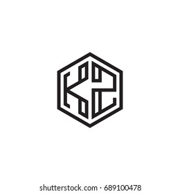 Initial letter KZ, minimalist line art monogram hexagon logo, black color
