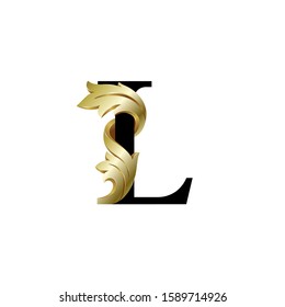 Initial letter L, 3D luxury golden leaf overlapping black sherif font on white background