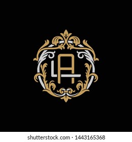 Initial letter L and A, LA, AL, decorative ornament emblem badge, overlapping monogram logo, elegant luxury silver gold color on black background