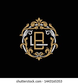Initial letter L and B, LB, BL, decorative ornament emblem badge, overlapping monogram logo, elegant luxury silver gold color on black background