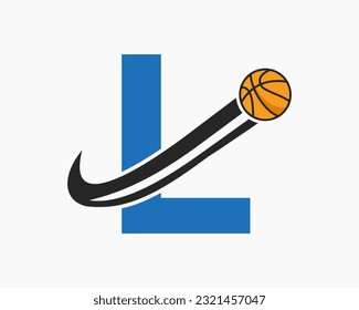 Initial Letter L Basketball Logo Concept With Moving Basketball Icon. Basket Ball Logotype Symbol