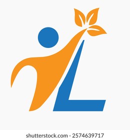 Initial Letter L Bio or Healthcare Logo Design Concept With Human And Green Leaf Symbol