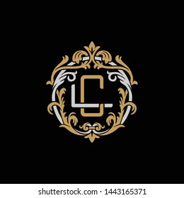 Initial letter L and C, LC, CL, decorative ornament emblem badge, overlapping monogram logo, elegant luxury silver gold color on black background
