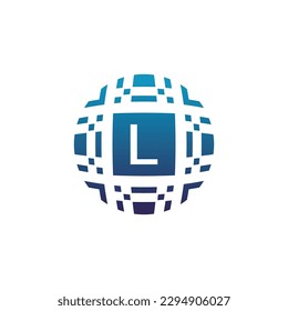 Initial letter L circle digital tech electronic pixel emblem logo