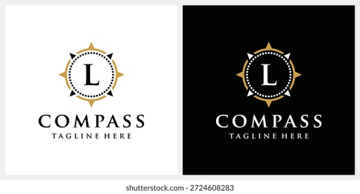 Diseño inicial del logotipo de la brújula de la letra L, icono gráfico del logotipo del círculo