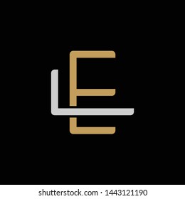 Initial letter L and E, LE, EL, overlapping interlock logo, monogram line art style, silver gold on black background