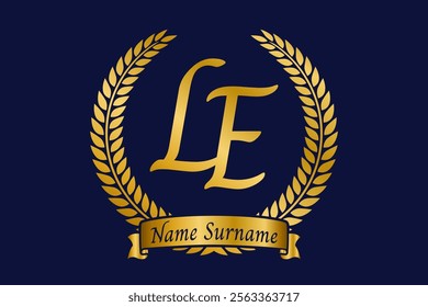 Initial letter L and E, LE monogram logo design with laurel wreath. Luxury golden calligraphy font.