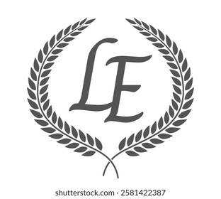 Initial letter L and E, LE monogram logo design with laurel wreath. Luxury calligraphy font.