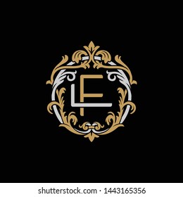 Initial letter L and F, LF, FL, decorative ornament emblem badge, overlapping monogram logo, elegant luxury silver gold color on black background