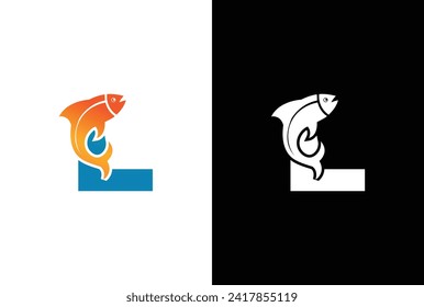 Letra inicial L Logotipo de pescado Diseño Ilustración Gráfico Icono Vector Icono Ilustración Gráfico. Icono del logotipo de la marca de Word formado símbolo de pez en la letra L en fondo blanco.
