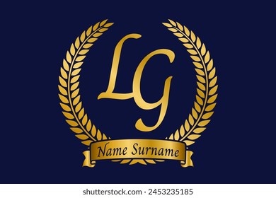 Initial letter L and G, LG monogram logo design with laurel wreath. Luxury golden calligraphy font.