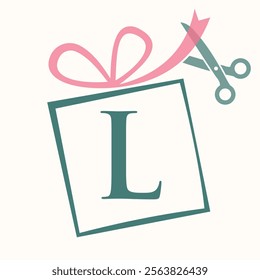 Initial Letter L Gift Box Logo Design Concept With Ribbon and Scissors Symbol For Weeding and Birthday Gift Sign